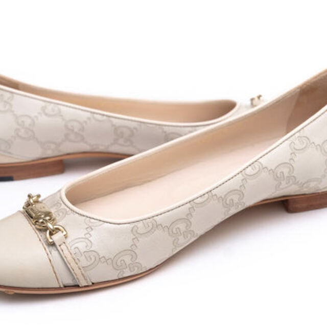 グッチ／GUCCI パンプス シューズ 靴 レディース 女性 女性用レザー 革 本革 オフホワイト 白 ホワイト 146803 フラットパンプス  GGシマ