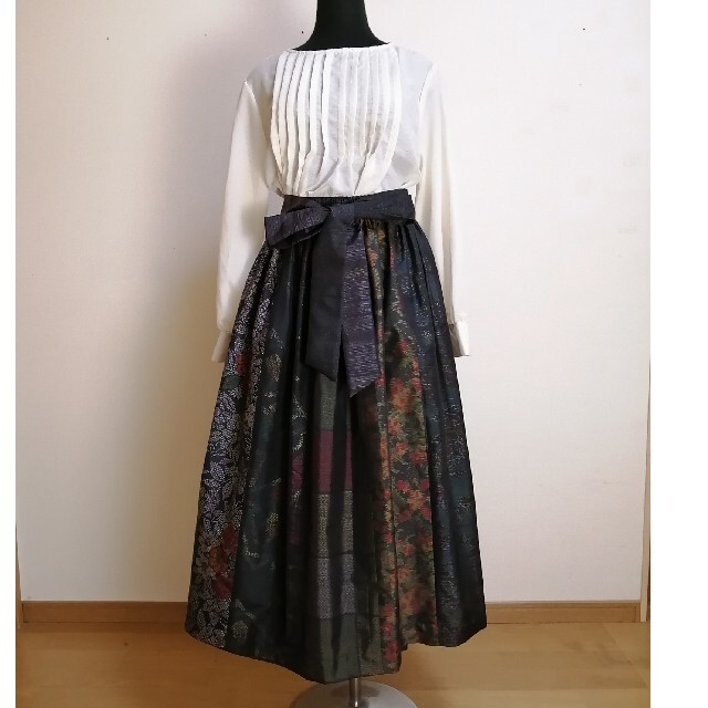 SOLD　着物リメイク　ギャザースカート　大島紬 レディースのスカート(ロングスカート)の商品写真
