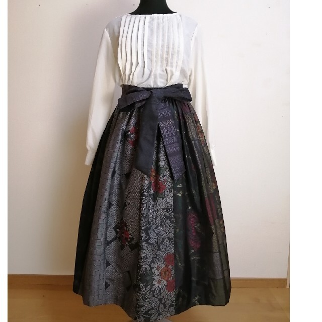 SOLD　着物リメイク　ギャザースカート　大島紬 レディースのスカート(ロングスカート)の商品写真