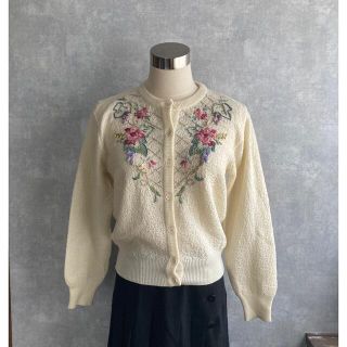 vintageヴィンテージレトロusedぽんぽんフラワー花柄刺繍ニット