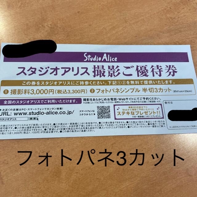 店 スタジオアリス 撮影ご優待券 フォトパネシンプル 半切 3カット