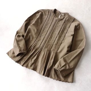 45R 上質コットン100 モンプチチノタックレースブラウス キャメル
