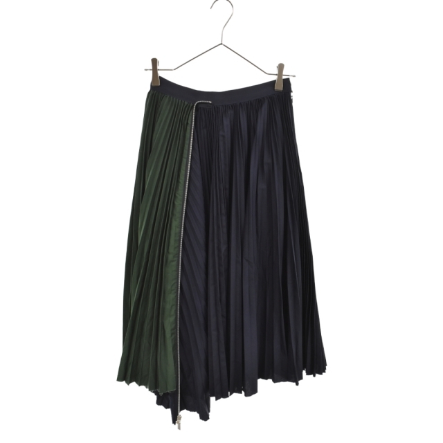 Sacai サカイ 20SS Cotton Poplin Zipper Skirt コットンポプリン ジッパー アシンメトリー クロップド プリーツ スカート ネイビー/グリーン SCW-057