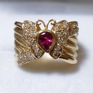 ダイヤモンド×ルビー パピヨン 蝶 リング K18YG 0.36ct 9.5g(リング(指輪))