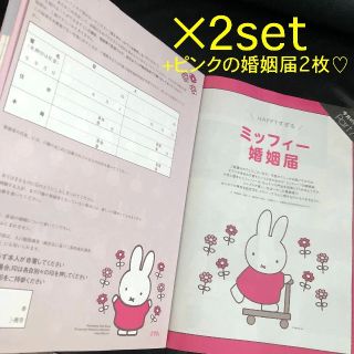 【×2セット】ミッフィー婚姻届+ピンクの婚姻届＝計4枚 クリアファイル2枚補強(結婚/出産/子育て)