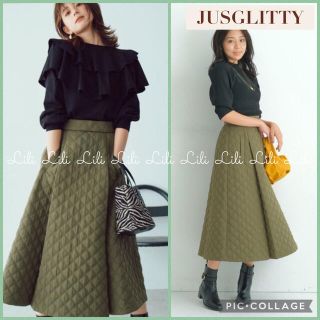 ジャスグリッティー(JUSGLITTY)のJUSGLITTY 21AW キルティングスカート　カーキ　ジャスグリッティー(ロングスカート)