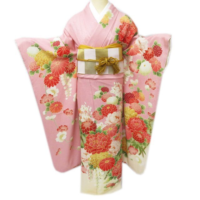 振袖 着物 正絹 花模様 金駒刺繍 銀通し A774-11 L【中古】 【現品限り
