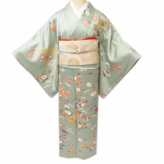 短冊と花の図 地模様 柳鼠色 着物 訪問着 A774-2 M【中古】の通販