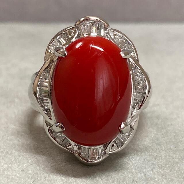 Pt900 特大血赤珊瑚 サンゴ ダイヤモンドリング 指輪