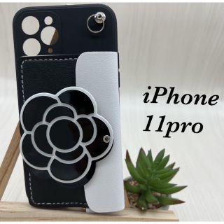 新品　iPhone 11proケース 花柄 韓国 カメリアケース　大花柄ブラック(iPhoneケース)