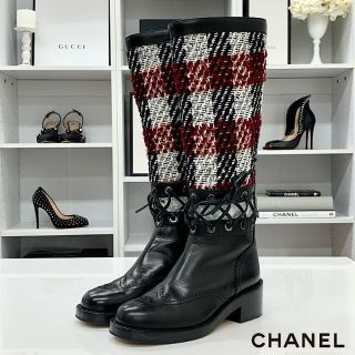 シャネル(CHANEL)の5094 シャネル ココマーク レザー ツイード レースアップ ロングブーツ(ブーツ)