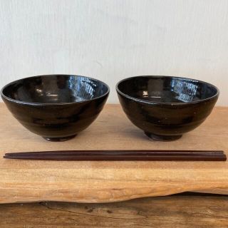 ten様新品　陶器　陶芸作家　ディープブラックのごはん茶碗2個  f(食器)