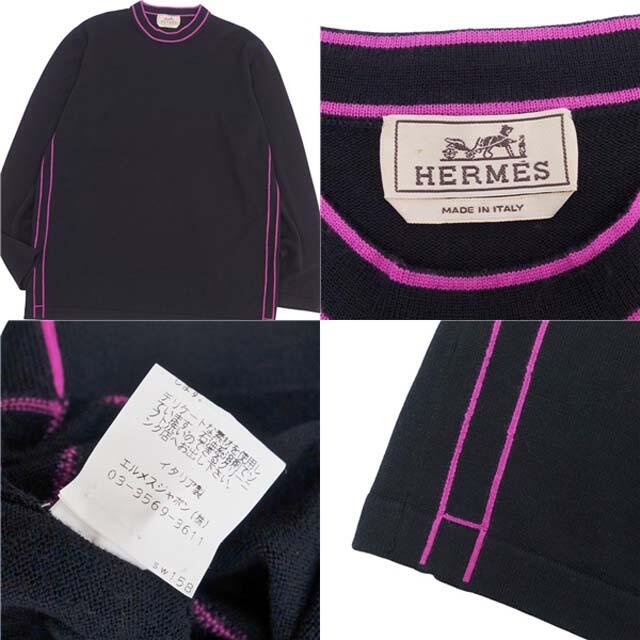 美品 エルメス HERMES ニット ウール Hロゴ モックネック セーター ライン メンズ トップス 長袖 XL ブラック/ピンク
