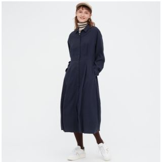 ユニクロ(UNIQLO)の【新品未使用】UNIQLO＊ソフトフランネルフレアワンピース＊ネイビー(ロングワンピース/マキシワンピース)