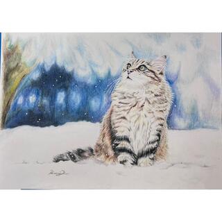 ★参考出品　雪空を見上げる猫［手描き］原画　 メイン画材　油性色鉛筆　 (アート/写真)