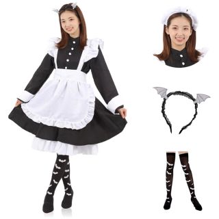 ハロウィン コスプレ メイド服 【こうもりカチューシャ・靴下5点セット 】仮装(衣装一式)