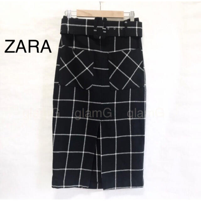 ZARA(ザラ)のタグ付新品★ZARA ベルト付フロントスリットペンシルスカートXS/膝丈/黒白 レディースのスカート(ひざ丈スカート)の商品写真