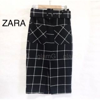 ザラ(ZARA)のタグ付新品★ZARA ベルト付フロントスリットペンシルスカートXS/膝丈/黒白(ひざ丈スカート)