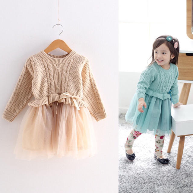 ベージュ100✲ニット＋チュールスカートワンピース キッズ/ベビー/マタニティのキッズ服女の子用(90cm~)(ワンピース)の商品写真