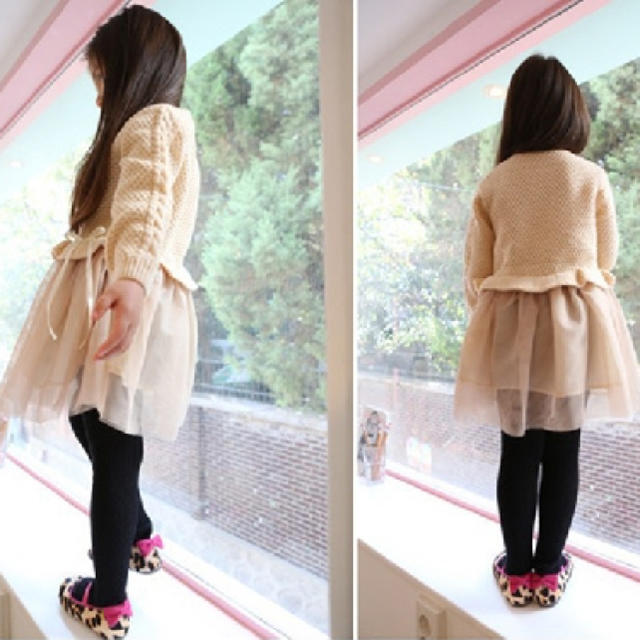 ベージュ100✲ニット＋チュールスカートワンピース キッズ/ベビー/マタニティのキッズ服女の子用(90cm~)(ワンピース)の商品写真