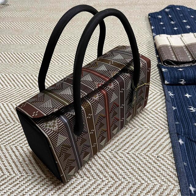 草履バッグセット 新品未使用 利休バッグ ミンサー柄 茶系 正絹 帯地-