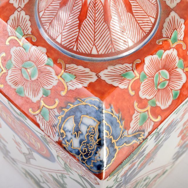 九谷焼 古九谷 色絵金彩 人物花文 四方瓶 C R5048 陶芸 九谷焼 古九谷 色絵金彩 人物花文 四方瓶 C R5048 陶芸