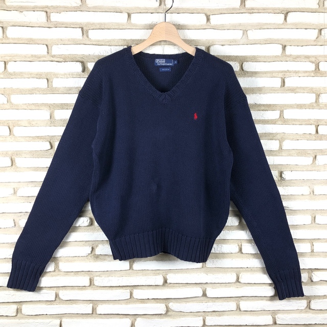 POLO RALPH LAUREN(ポロラルフローレン)のポロラルフローレン　Vネック　ニット　コットン　ネイビー　ポニー刺繍　S メンズのトップス(ニット/セーター)の商品写真