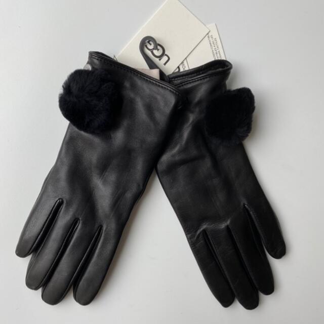 【S】UGG アグ/レザー手袋/LEATHER POM GLOVE/BLACK天然皮革裏地