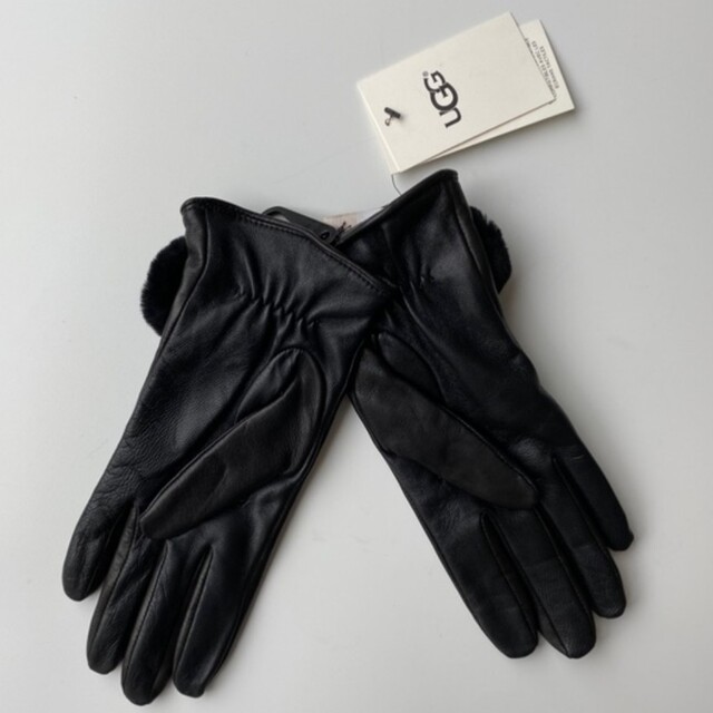 【S】UGG アグ/レザー手袋/LEATHER POM GLOVE/BLACK天然皮革裏地