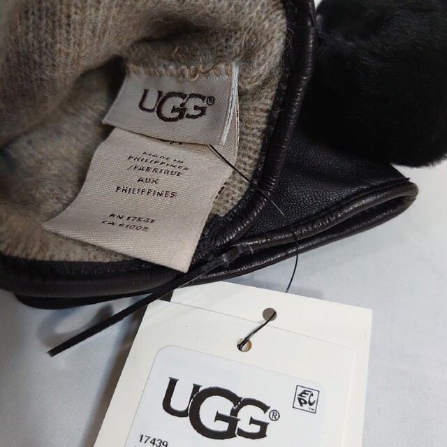 【S】UGG アグ/レザー手袋/LEATHER POM GLOVE/BLACK天然皮革裏地