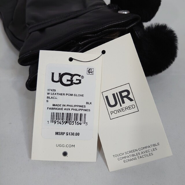 【S】UGG アグ/レザー手袋/LEATHER POM GLOVE/BLACK天然皮革裏地