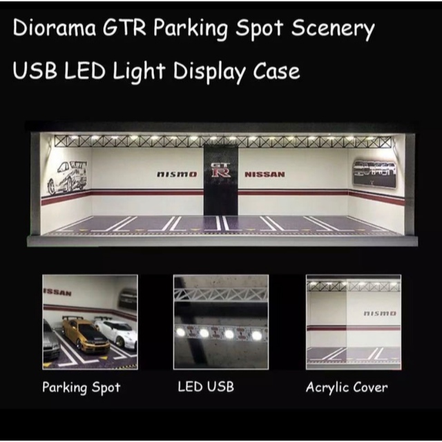 1/64ニスモスカイラインGTRガレージ6台収納撮影ブース USB電源LED照明