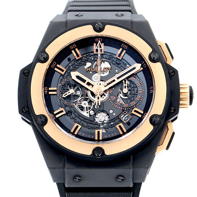 HUBLOT ウブロ キングパワー ウニコ 701.CO.0180.RX デイト 黒 ブラック スケルトン K18KG キングゴールド CE セラミック 純正フルダイヤ 純正ベルト 純正K18PG尾錠 メンズ 自動巻き ビッグバン【6ヶ月保証】【腕時計】