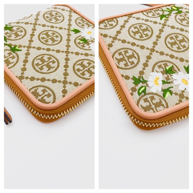ほぼ未使用 トリーバーチ 2つ折り財布 刺繍 鳥 花 カーキ ほぼ未使用 トリーバーチ 2つ折り財布 刺繍 鳥 花 カーキ