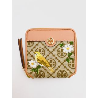 トリーバーチ(Tory Burch)のほぼ未使用　トリーバーチ　2つ折り財布　刺繍　鳥　花　カーキ　(財布)