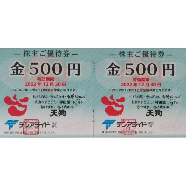 テンアライド　優待　10000円　500×20　2022-12-31　テング酒場
