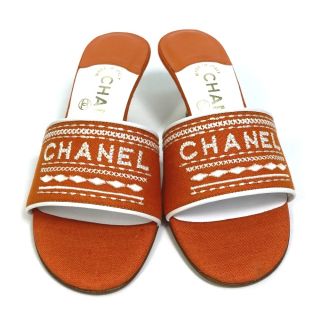 シャネル CHANEL 刺繍 ロゴ ミュール サンダル キャンバス/レザー