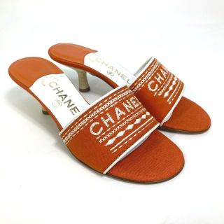 シャネル CHANEL 刺繍 ロゴ ミュール サンダル キャンバス/レザー