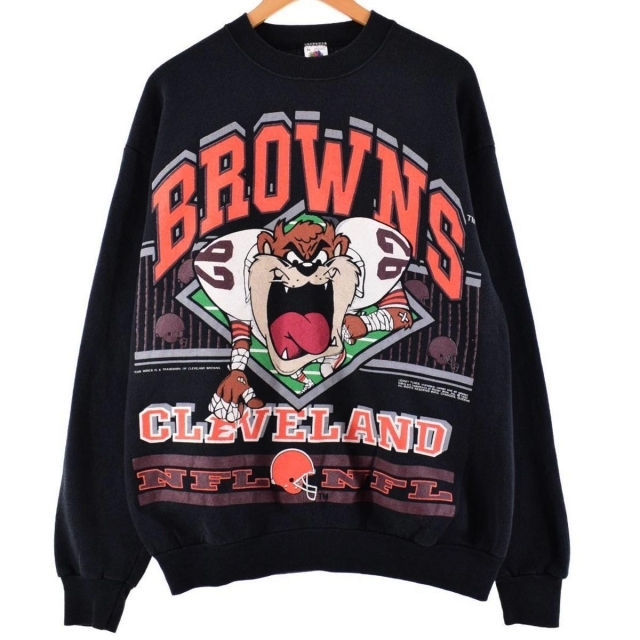 90年代 フルーツオブザルーム FRUIT OF THE LOOM NFL CLEVELAND BROWNS クリーブランドブラウンズ LOONEY TUNES タズマニアンデビル キャラクタースウェットシャツ トレーナー USA製 メンズL ヴィンテージ /eaa289255