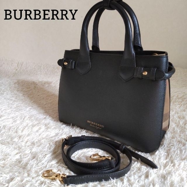 BURBERRY 美品 バーバリー スモールバナー 2way ノバチェック レザー ブラック