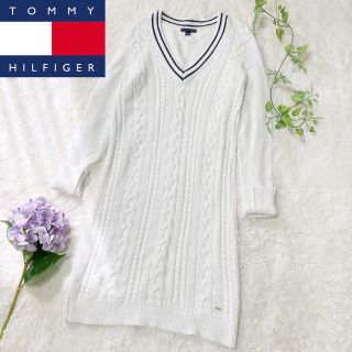 トミーヒルフィガー(TOMMY HILFIGER)のトミーヒルフィガー♡コットンニットワンピース チルデン ケーブル編み ホワイト(ひざ丈ワンピース)