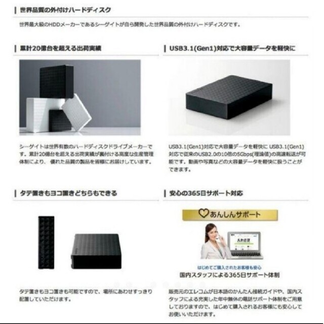 1台外付けHDD 2tb 　TV録画　PCデータ保存に　SGD-MX020UBK