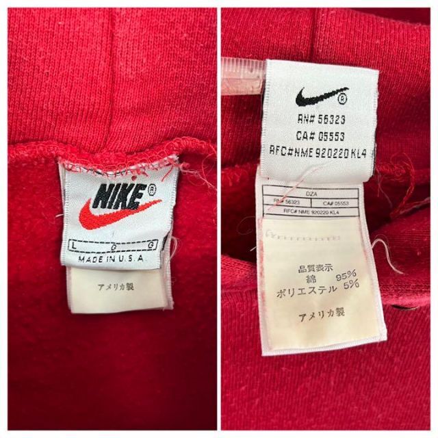 【90s ヴィンテージ ナイキ】USA製銀タグ刺繍スウェットパーカー 赤nike