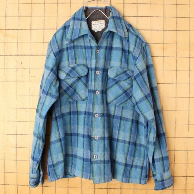 60s WoolshireウールチェックオープンカラーシャツブルーM aw104