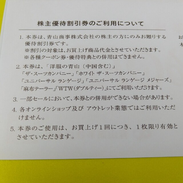 THE SUIT COMPANY(スーツカンパニー)の☆2枚☆ 期日違い 青山商事 株主優待券 20%OFF チケットの優待券/割引券(ショッピング)の商品写真