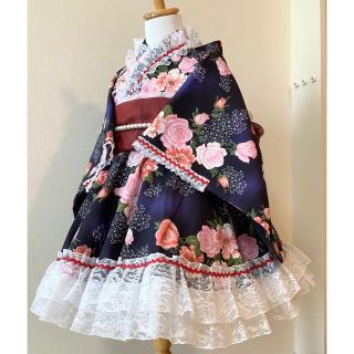 着物ドレス100★薔薇柄　紺　七五三3歳　ハンドメイド(和服/着物)