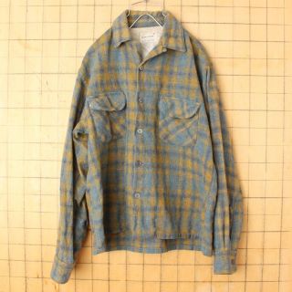 60s70sWestleyウールチェックオープンカラーシャツブルーM aw105(シャツ)