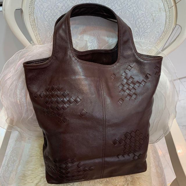 ☆美品☆BOTTEGA VENETA イントレチャート レザートートバッグ 茶ラムスキンダークブラウン付属品