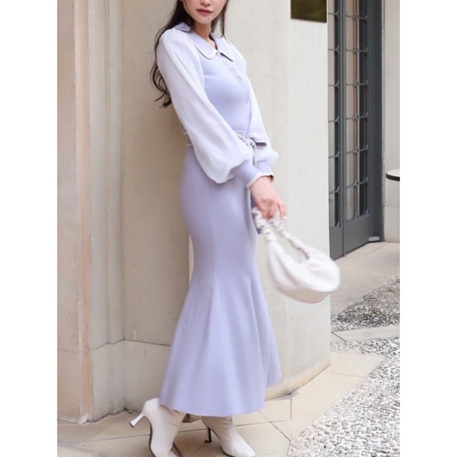 MIIA(ミーア)の新品 MIIA 袖シアー衿付ニットトップス+ リボン付ニットマーメイドスカート レディースのワンピース(ロングワンピース/マキシワンピース)の商品写真
