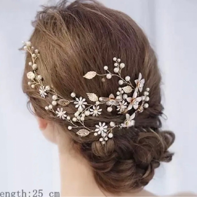 お花リーフピンクゴールドヘッドドレス髪飾りブライダルヘアアクセサリー ハンドメイドのウェディング(その他)の商品写真